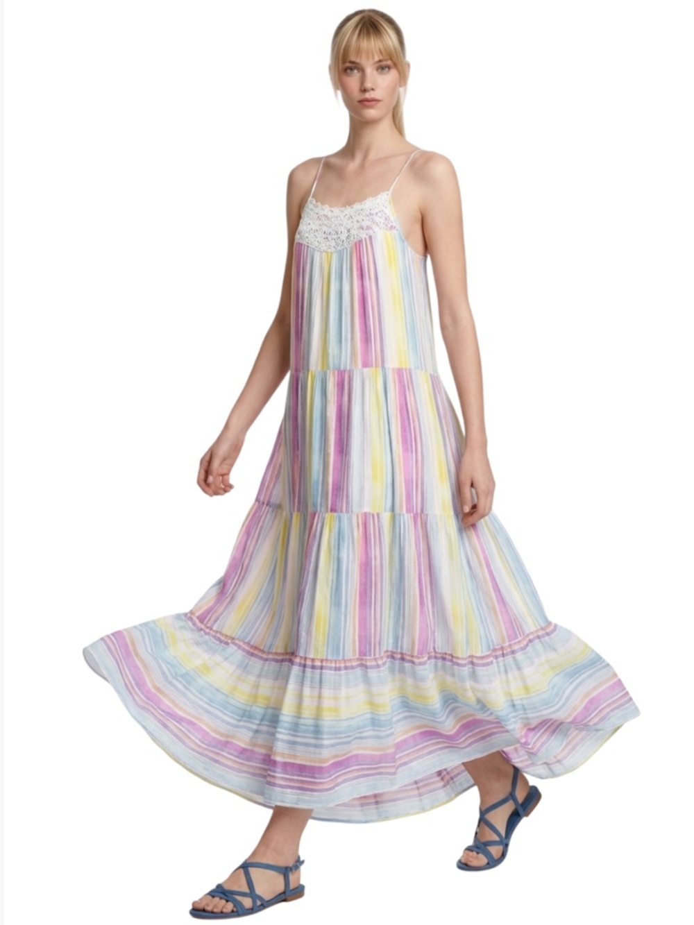 Lauren Conrad Rayon Maxi Dress Boho Tiered Prairie Peasant Pastel Embroidery